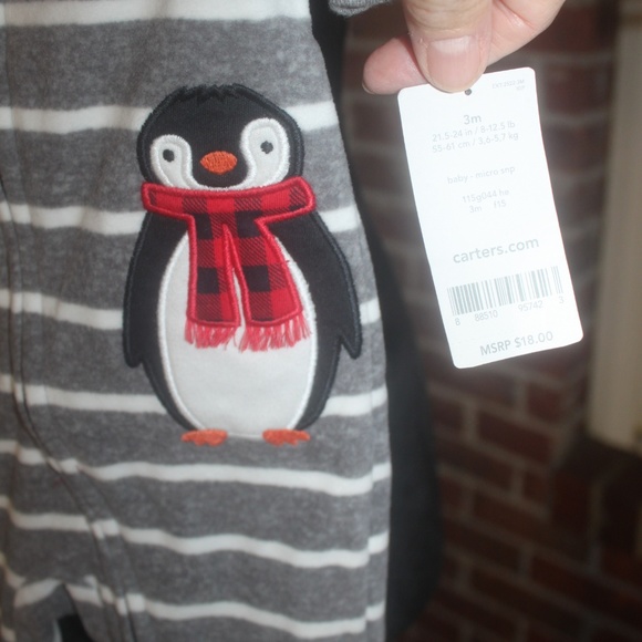 Carter's Gray White Stripe Cute Penguin onesie super soft fleece size 3M…New - Picture 3 of 4